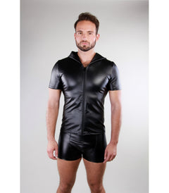 Faux Leather Hooded Shirt