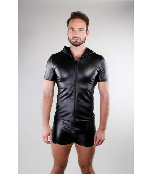 Faux Leather Hooded Shirt