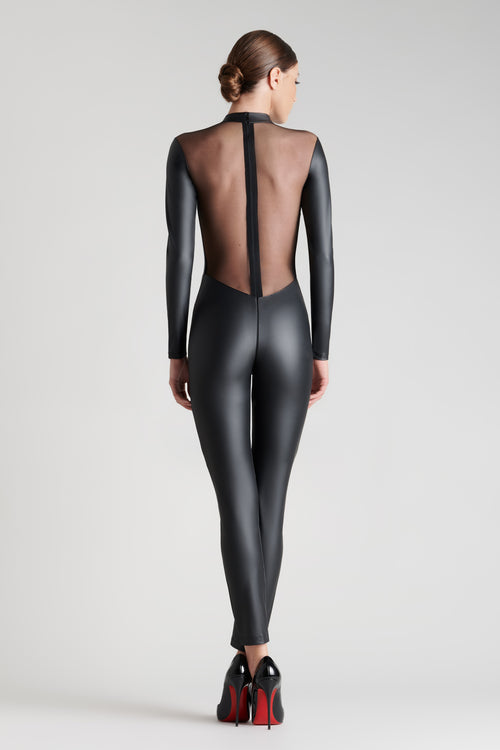 Leather look catsuit with tulle insert