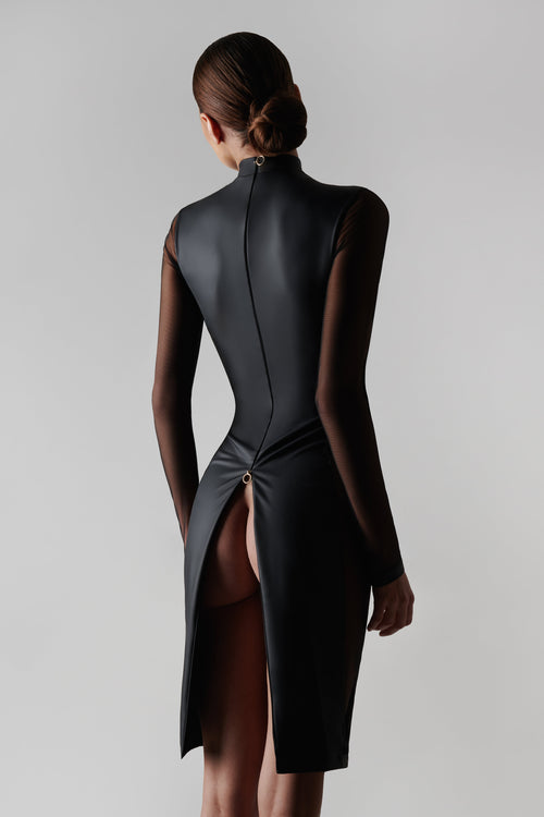 Lederoptik Kleid mit Tülleinsatz