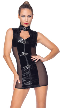 Vinyl dress with mesh and buckles