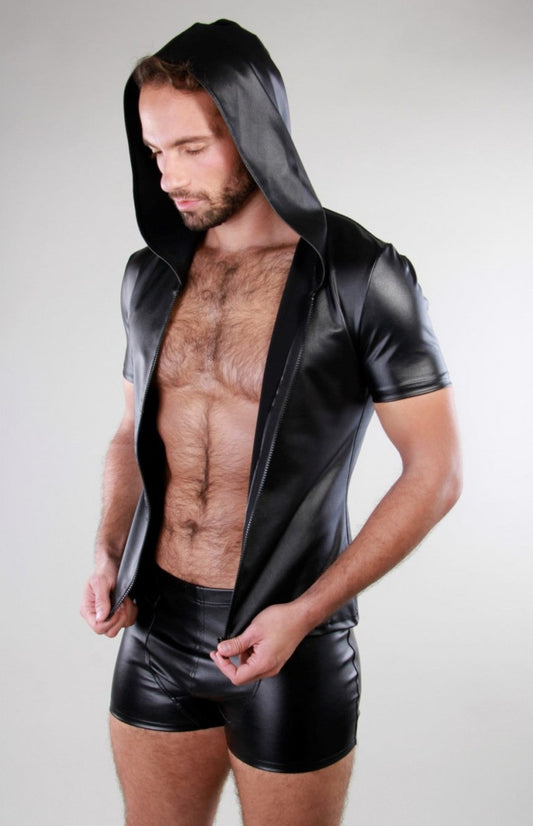 Faux leather hooded shirt