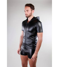 Faux Leather Hooded Shirt