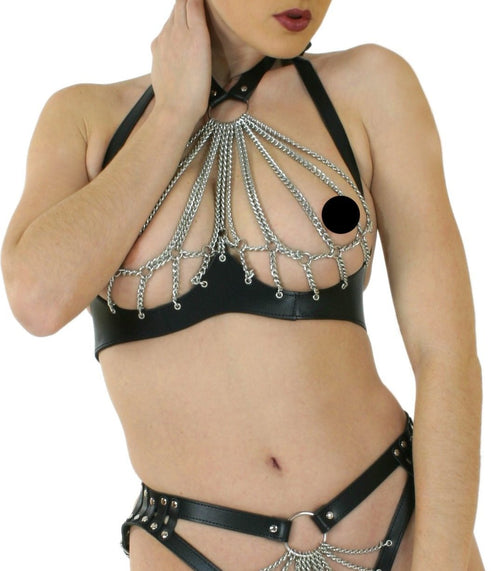 Leder Harness BH mit Ketten