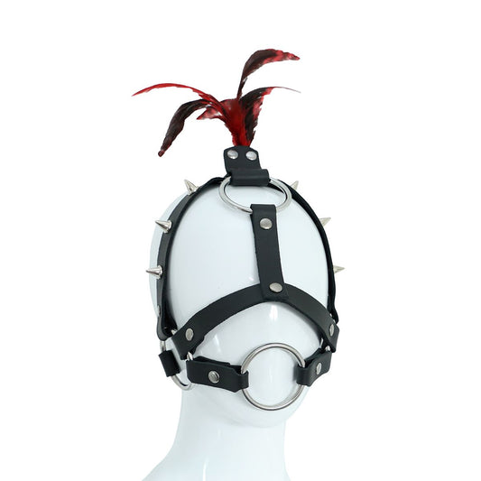 Head harness with rivets and feathers