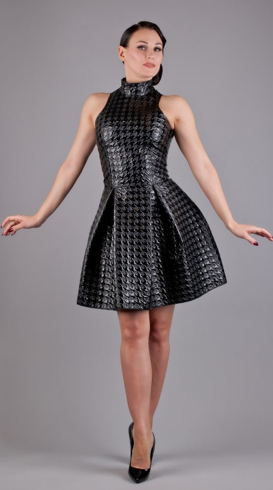 Vinyl dress flared with stand-up collar