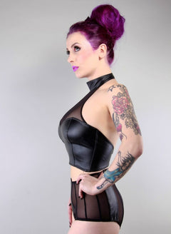 Faux leather bustier stand-up collar 