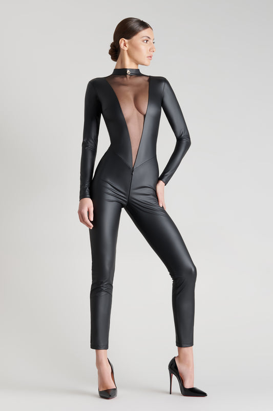 Leather look catsuit with tulle insert