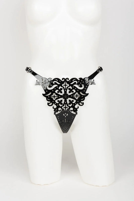 Patent leather harness thong
